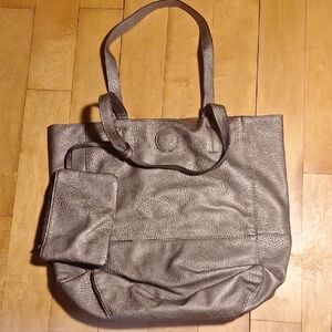 Joy Susan Metallic Pewter Color Leather Tote Bag with Pouch